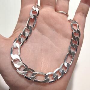 925 Thick Necklace Silver Figaro Chain 10mm THICK Valentines Birthday Gift NEW!